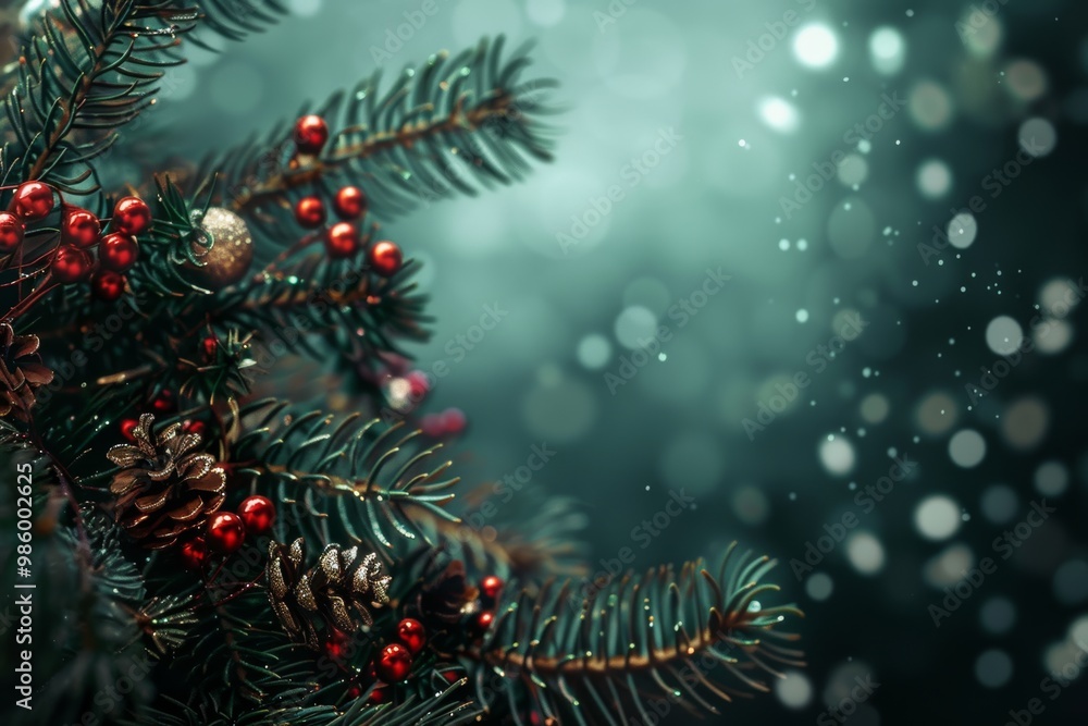 Festive christmas tree branch with pine cones and berries Festive christmas tree branch with pine cones and berries