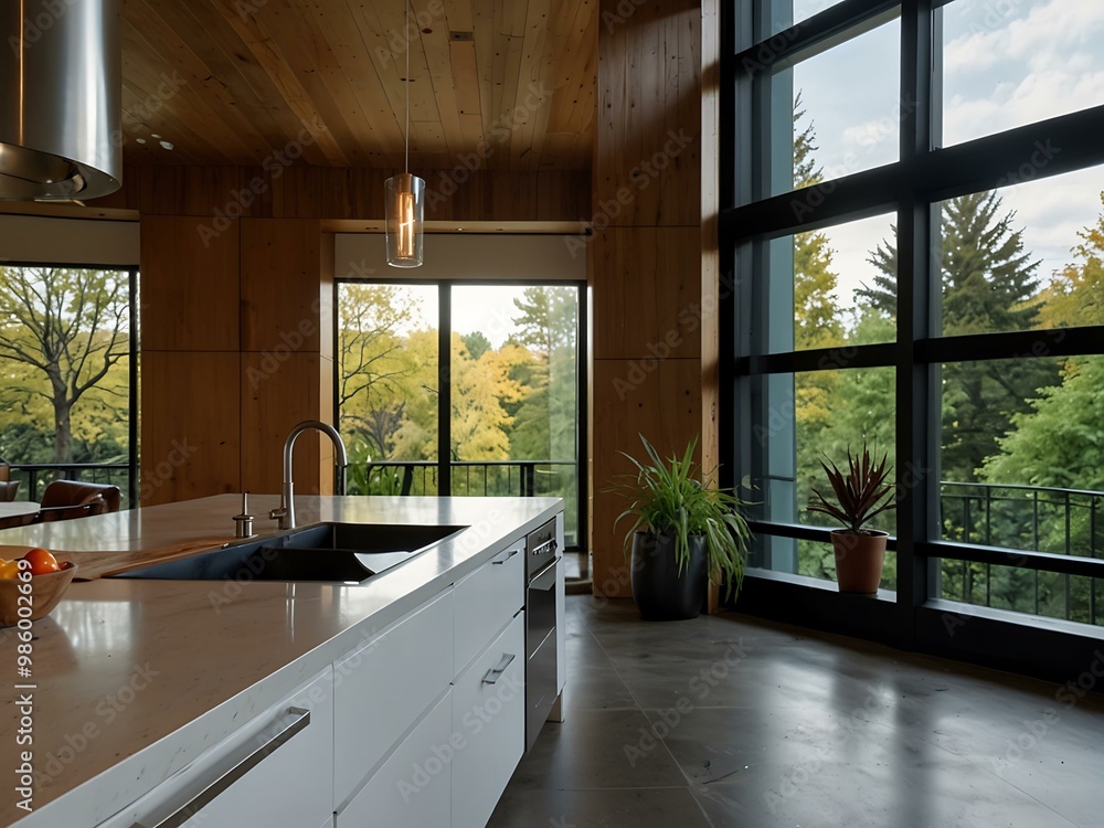 Modern kitchen with stainless steel appliances and large windows. Modern kitchen with stainless steel appliances and large windows.