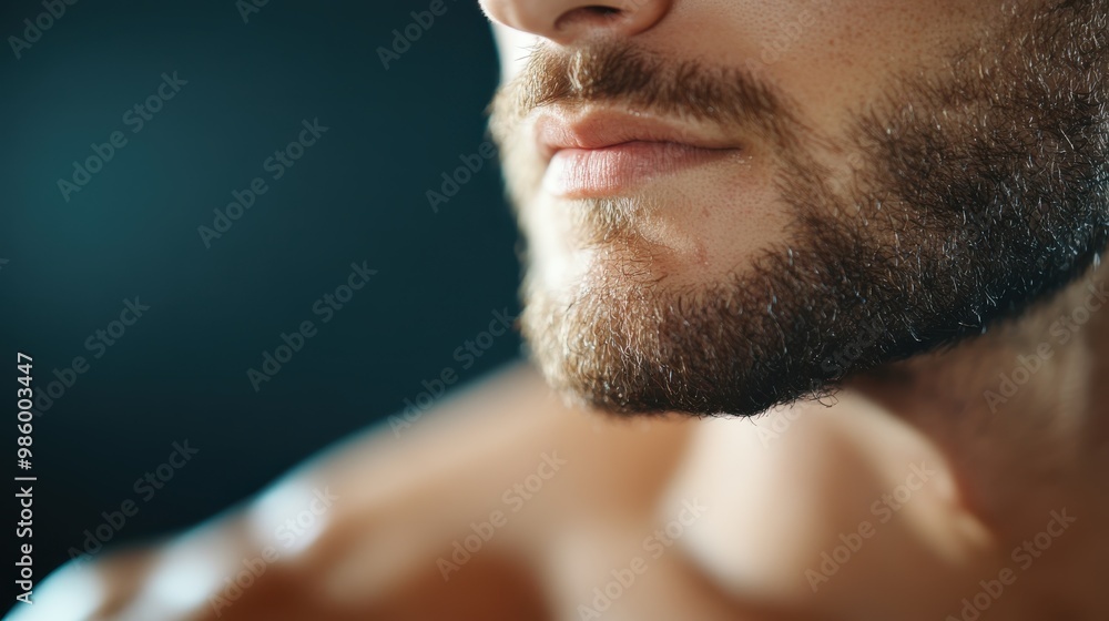 Fototapeta premium A close-up shot of a man's jawline and neck, capturing a moment of contemplation or focus. The background and face are blurred, drawing attention to the jaw.