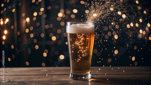 Glass of beer on the table with foam and bubbles 