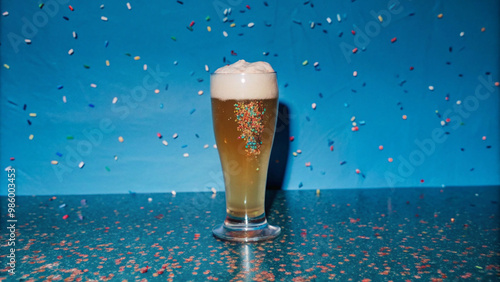 Glass of beer on the table with foam and bubbles
 photo