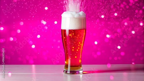 Glass of beer on the table with foam and bubbles
 photo