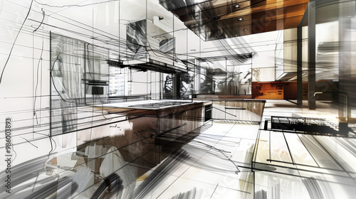 abstract sketch of a modern kitchen