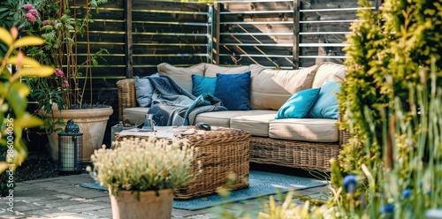 Beautiful summer garden terrace with a beige sofa, blue and turquoise pillows on a wicker coffee table surrounded by plants in pots and a wooden fence with planters, photo