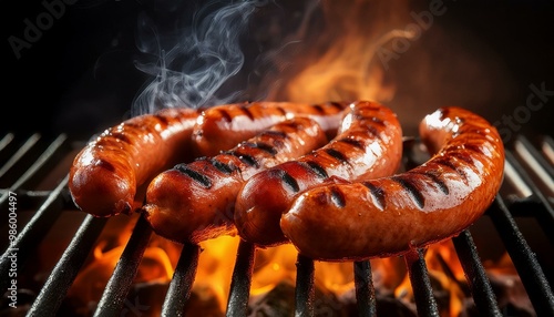 Grilled sausages on grill with smoke and flame photo