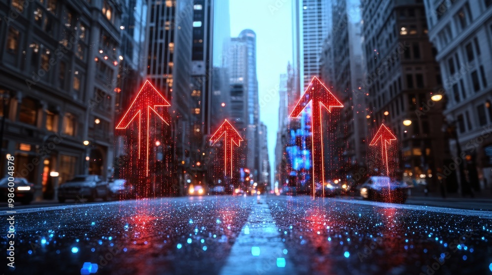 Obraz premium Red arrows plunging into city streets, symbolizing economic crisis