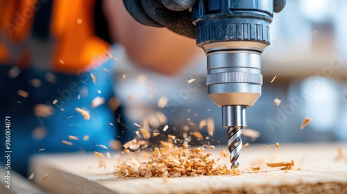 A close-up capture of a power drill working through wooden material, producing shavings, reflecting the raw energy and precision involved in woodworking projects.