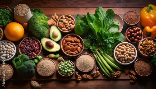 Healthy ingredients for cooking a healthy and balanced meal; fruits and vegetables; food photography; top angle view of raw healthy ingredients on the table; delicious and tasty