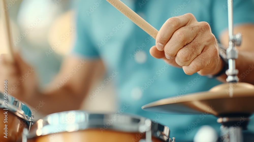 A vibrant, close-up image capturing a person in a teal shirt skillfully playing the drums, focused on their hands and drumsticks with a lively background of music stage lights. A vibrant, close-up image capturing a person in a teal shirt skillfully playing the drums, focused on their hands and drumsticks with a lively background of music stage lights.