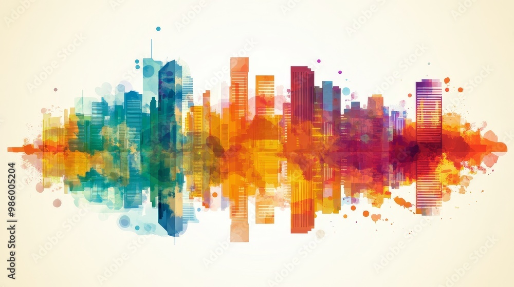 Obraz premium Vibrant vector illustration of a colorful city skyline panorama featuring modern buildings and urban landscape. Ideal for city concepts, architectural designs, and metropolitan backgrounds
