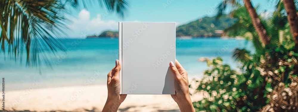 in his hands a white book on the background of the beach. Selective focus in his hands a white book on the background of the beach. Selective focus