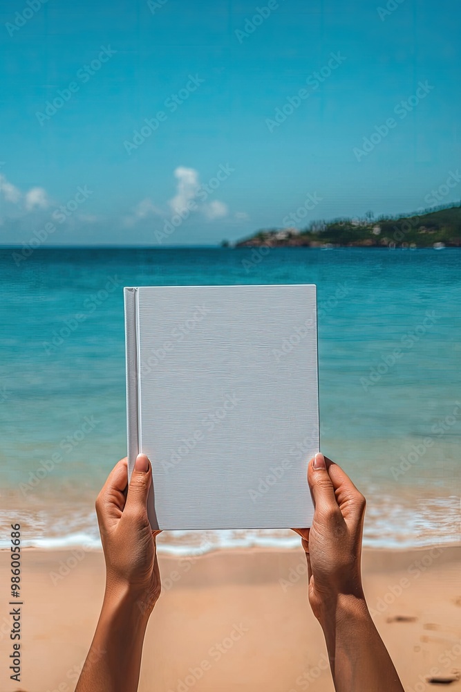 in his hands a white book on the background of the beach. Selective focus in his hands a white book on the background of the beach. Selective focus