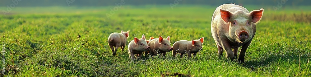 pig with piglets on green grass. Selective focus pig with piglets on green grass. Selective focus