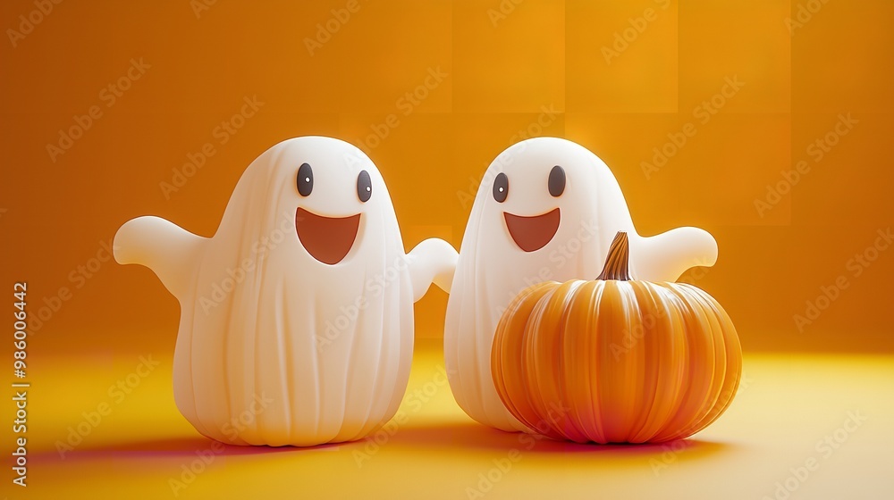 Three ghosts in a row with pumpkins and fall leaves behind them. Three ghosts in a row with pumpkins and fall leaves behind them.