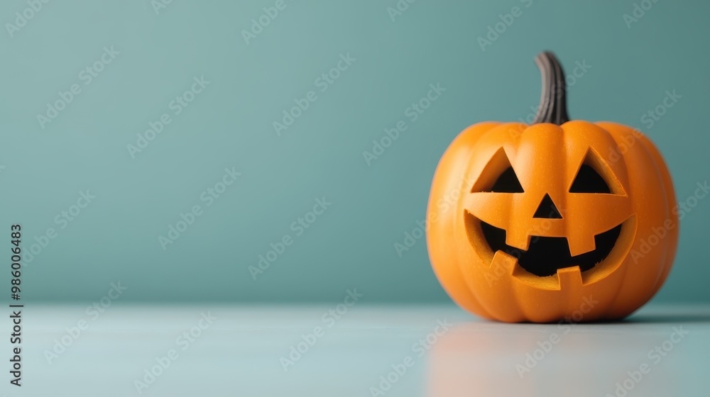 A small Jack-o'-lantern with a cheerful face is positioned on a smooth surface with a solid teal background, creating a simple and clean Halloween-themed image. A small Jack-o'-lantern with a cheerful face is positioned on a smooth surface with a solid teal background, creating a simple and clean Halloween-themed image.