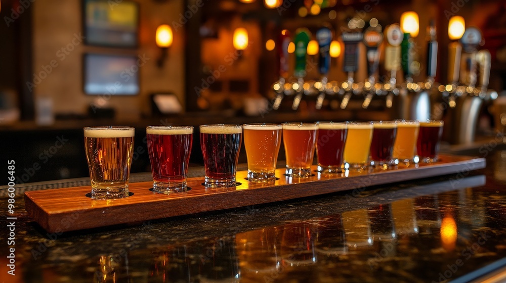 A beer flight on a bar counter, showcasing a variety of beers in small tasting glasses A beer flight on a bar counter, showcasing a variety of beers in small tasting glasses