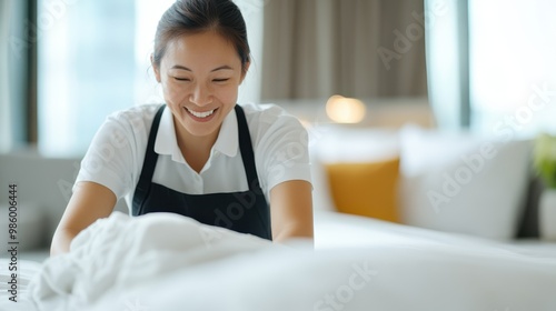 Free Download A cheerful female hotel staff member completes bed making duties in a brightly lit guest room, emphasizing service excellence, warmth, and welcoming hospitality. - GFXLoad
