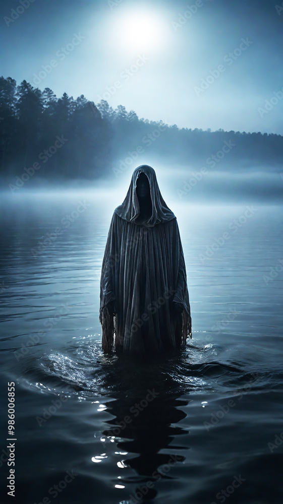 A ghostly figure emerges from a foggy lake under the full moon, casting an eerie glow and a sense of mystery A ghostly figure emerges from a foggy lake under the full moon, casting an eerie glow and a sense of mystery