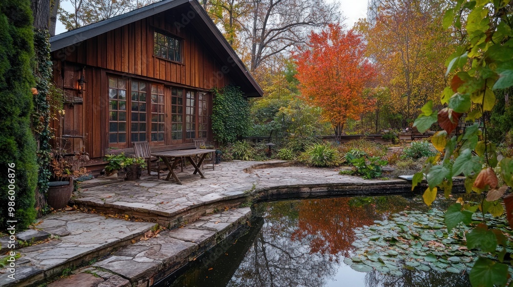 Obraz premium Tranquil garden scene with a wooden house and colorful autumn foliage by a serene pond.