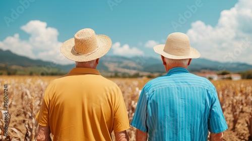 Two Senior Men in Straw Hats Standing in a Cornfield