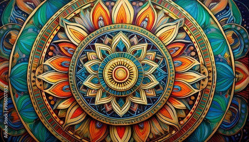 Wallpaper Mural mandala colorful vintage art, ancient Indian vedic background design, old painting texture with multiple mathematical shapes Torontodigital.ca