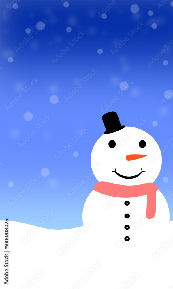 Fototapeta premium This image shows a cheerful snowman wearing a black top hat and a red scarf, set against a snowy background, symbolizing the joyful and festive spirit of Christmas and winter celebrations.