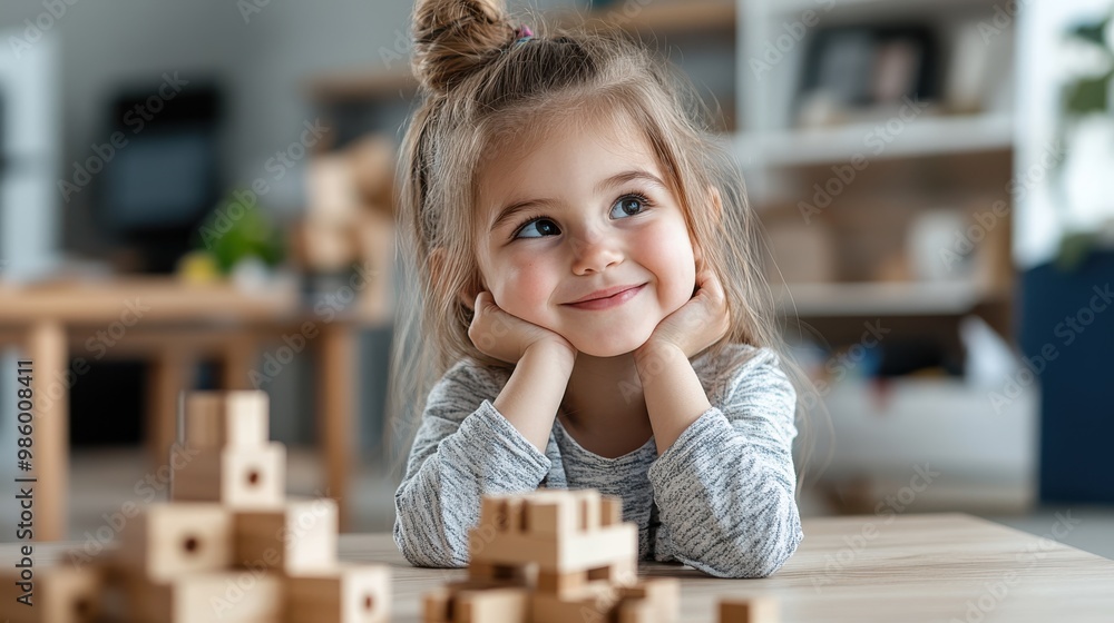 A sweet young girl, smiling with delight, rests her chin on her hands while playing with wooden blocks, surrounded by a cozy home ambiance, exuding innocence. A sweet young girl, smiling with delight, rests her chin on her hands while playing with wooden blocks, surrounded by a cozy home ambiance, exuding innocence.