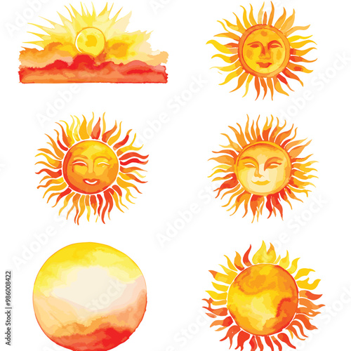 Watercolor vector sun shapes. Rising sun, sunset, dawn illustrations set. Fire colors round shape, watercolour stains. Orange red yellow circle, flaming crown frame. Maslenitsa, Shrovetide background.