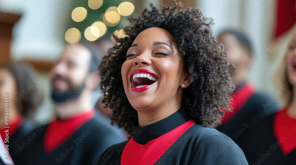 A joyous choir singer with a big smile leads a passionate performance in a church setting, capturing the spirit of communal harmony and celebration. A joyous choir singer with a big smile leads a passionate performance in a church setting, capturing the spirit of communal harmony and celebration.