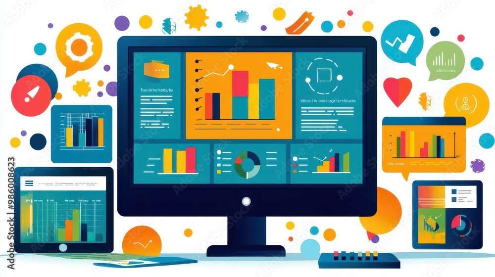 Colorful digital data visualization on screen with charts, graphs, and analytics tools for business insights and decision making Colorful digital data visualization on screen with charts, graphs, and analytics tools for business insights and decision making