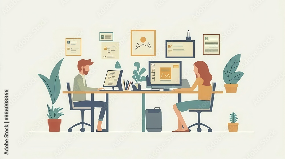 A modern office scene featuring two colleagues working creatively at their desks, surrounded by plants and inspirational decor A modern office scene featuring two colleagues working creatively at their desks, surrounded by plants and inspirational decor