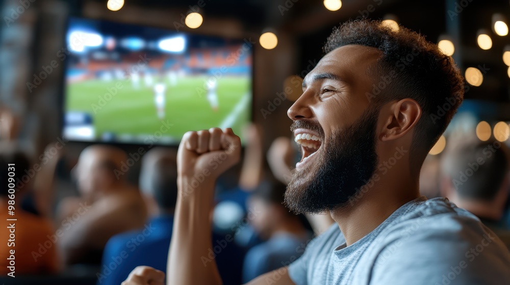 A bearded person clenches a fist in enthusiasm as they watch a sports match on a big screen TV, surrounded by a vibrant crowd in a bustling venue, sharing the excitement with other fans. A bearded person clenches a fist in enthusiasm as they watch a sports match on a big screen TV, surrounded by a vibrant crowd in a bustling venue, sharing the excitement with other fans.