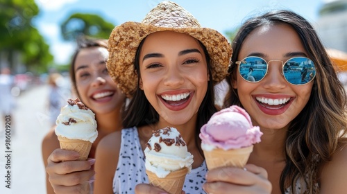 A joyful group of friends enjoys ice cream cones under the bright sun, capturing a carefree moment of summer fun and togetherness in a vibrant outdoor scene.