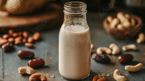 A close-up of a bottle of homemade cashew milk, with cashews and dates displayed beside it photo