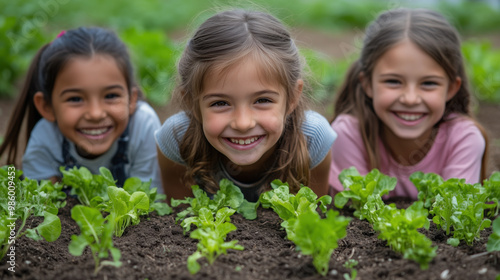 Happy children enjoying gardening in vegetable patch