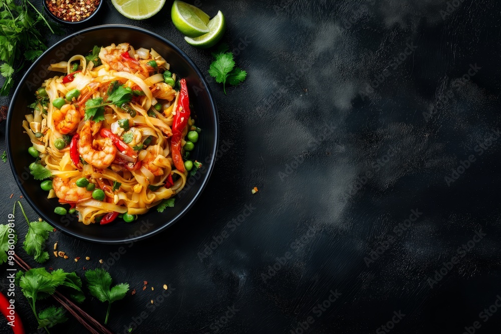 Delicious pad thai a classic thai street food delight on a dark background with copy space Delicious pad thai a classic thai street food delight on a dark background with copy space