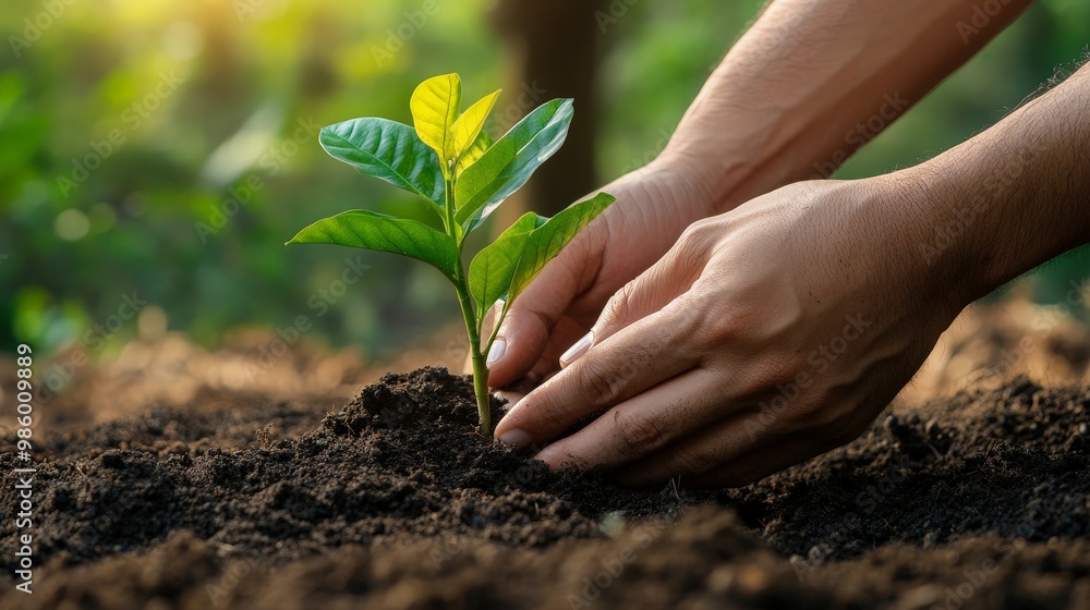 A close-up of a business hands planting trees as part of a company initiative to offset carbon emissions A close-up of a business hands planting trees as part of a company initiative to offset carbon emissions