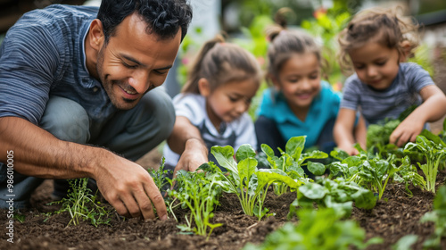 Gardening teacher guiding children in vegetable planting, fostering joy