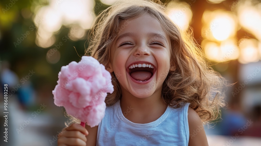 A smiling young girl with her hair in waves holds pink cotton candy while enjoying a joyful moment outdoors, perfectly capturing carefree childhood happiness. A smiling young girl with her hair in waves holds pink cotton candy while enjoying a joyful moment outdoors, perfectly capturing carefree childhood happiness.