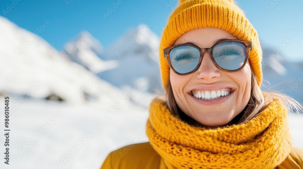 A close-up of a woman smiling brightly, dressed in a vibrant winter ensemble, with snow-covered mountains in the background, capturing joy and winter fashion. A close-up of a woman smiling brightly, dressed in a vibrant winter ensemble, with snow-covered mountains in the background, capturing joy and winter fashion.