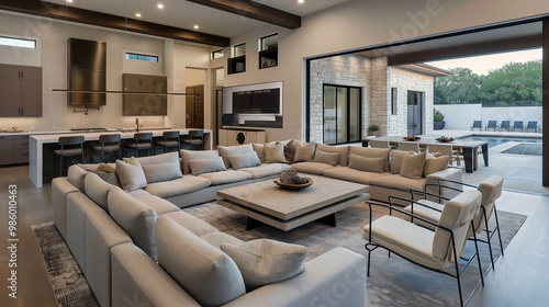 Open-plan living room with a large sectional sofa facing a rectangular stone coffee table, paired with low-profile accent chairs.