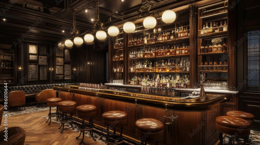 Luxurious Bar with Dark Wood, Leather Stools, and a Shelf of Liquor Bottles Luxurious Bar with Dark Wood, Leather Stools, and a Shelf of Liquor Bottles