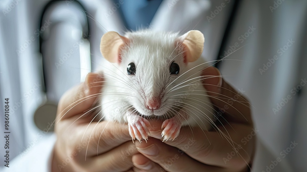the veterinarian holds a small rat in his hands. Selective focus the veterinarian holds a small rat in his hands. Selective focus