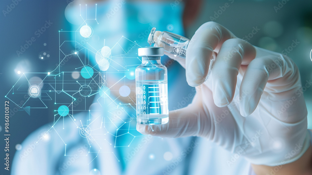 Scientist holding a syringe and test tube with liquid in a laboratory setting Scientist holding a syringe and test tube with liquid in a laboratory setting
