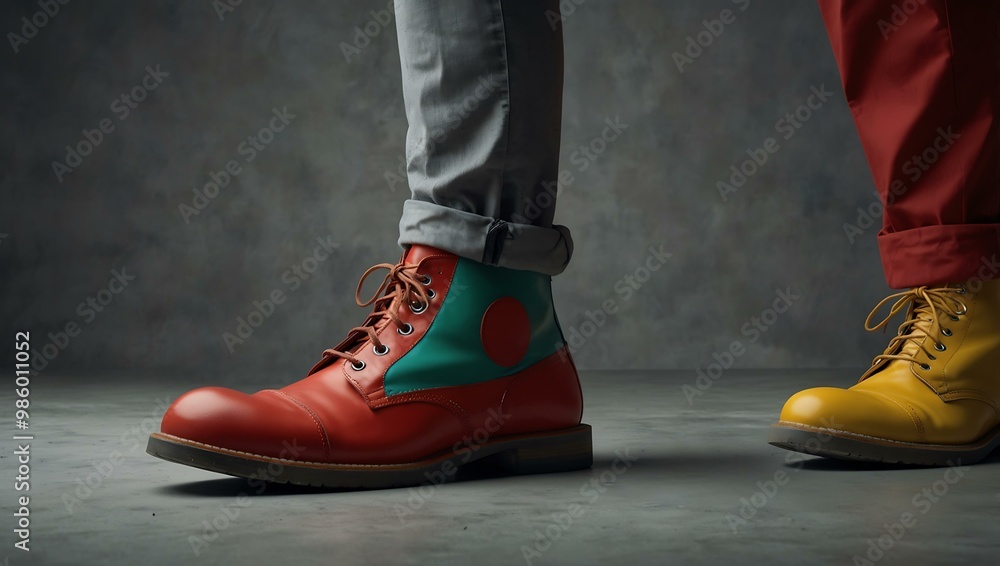 Oversized clown shoes and a sad expression against a gray background. Oversized clown shoes and a sad expression against a gray background.