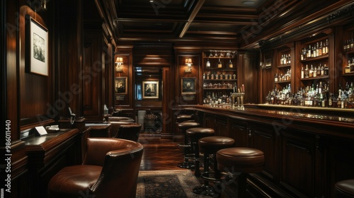 A Luxurious, Dark Wood Bar with a Wall of Liquor Bottles and Leather Seating