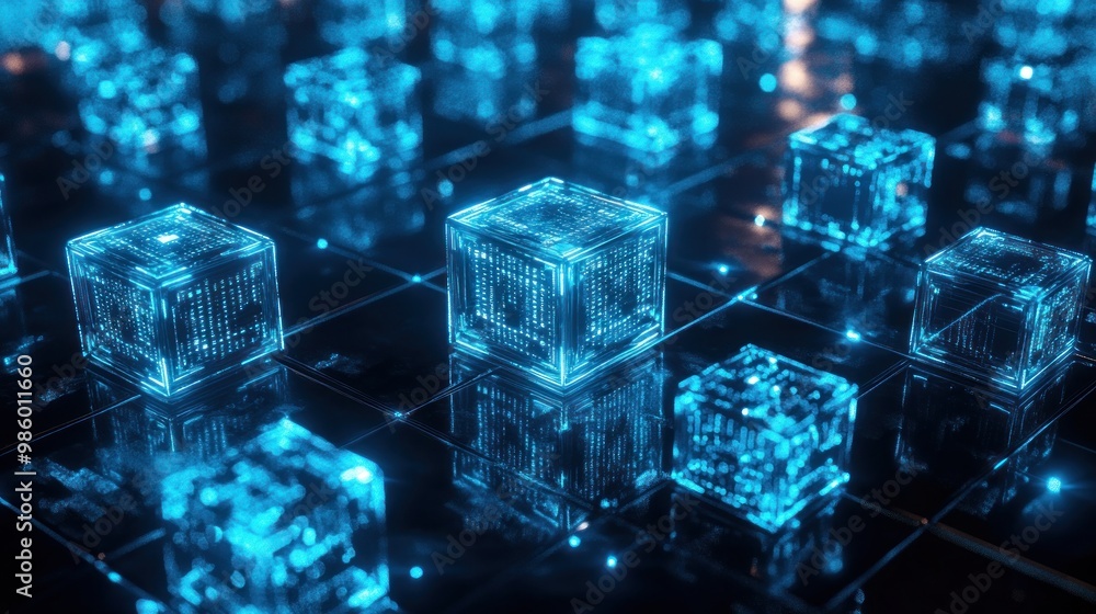 A futuristic scene of glowing blue cubes on a reflective grid, suggesting a digital environment. A futuristic scene of glowing blue cubes on a reflective grid, suggesting a digital environment.