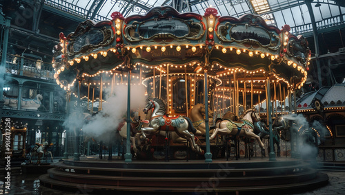 A steam-powered carousel with intricately designed mechanical animals
