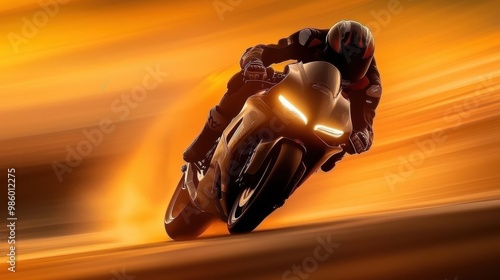 Motorcyclist racing on high-speed corner at sunset, creating motion blur, AI Generation photo