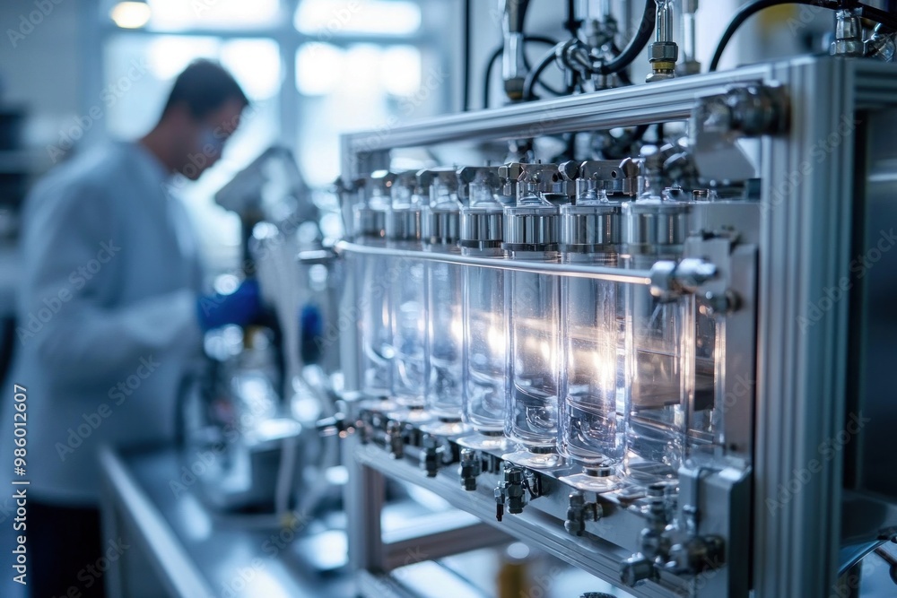 A close-up of a hydrogen fuel cell in a laboratory, with engineers analyzing its components and energy output A close-up of a hydrogen fuel cell in a laboratory, with engineers analyzing its components and energy output